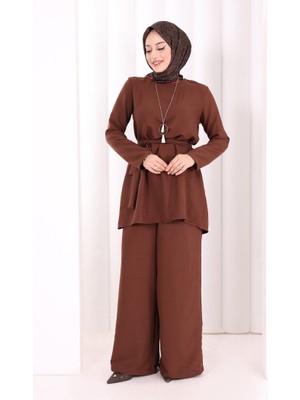 Bym Fashion Kolyeli Tunik Pantolon Takım 8027 Kahverengi