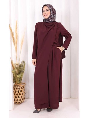 Bym Fashion Tek Omuz Gold Toka Detaylı Tunik Pantolon Takım 8698 Mürdüm