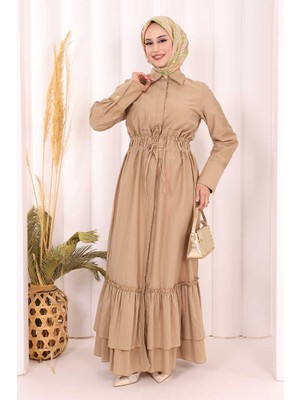 Bym Fashion Belden Lastikli Boydan Düğmeli Elbise 6062 Camel