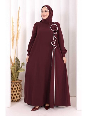 Bym Fashion Gül ve Şerit Detaylı Elbise Şal Hediyeli 6065 Mürdüm
