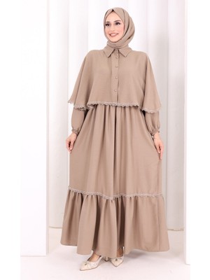 Bym Fashion Güpür Detay Pelerinli Elbise 6079 Vizon