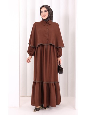 Bym Fashion Güpür Detay Pelerinli Elbise 6079 Kahverengi