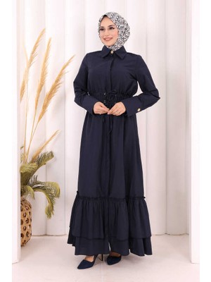 Bym Fashion Belden Lastikli Boydan Düğmeli Elbise 6062 Lacivert