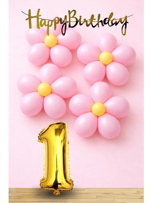 Tedaks Pembe Sarı Papatya Temalı Gold Rakam Gold Happy Birthday Banner Doğum Günü Süsleme