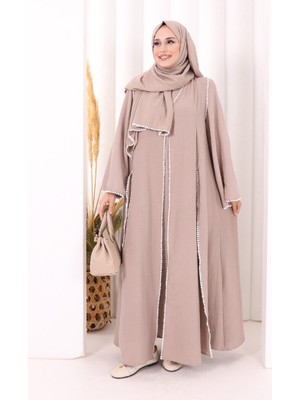 Bym Fashion Dantel Şeritli Abaya Elbise Şal Üçlü Takım 6074 Vizon