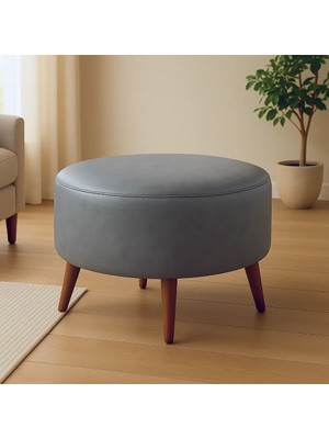 Waterybrook Suni Deri Large Puf - Ceviz Ahşap Ayaklı - Retro Modern Tasarım & Dekoratif Sehpa