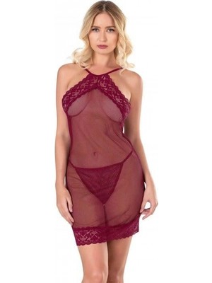 Marsilyan-  Bordo Kısa File-Tül Gecelik 8132