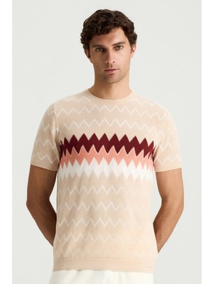 Hemington İtalyan İplik Zigzag Desen Bej Triko T-Shirt