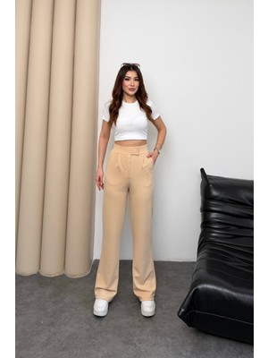 Mmetalic Kadın Yüksek Bel Cırt Kapama Beli Lastikli Fermuarlı Cepli Likralı Bej Palazzo Pantolon