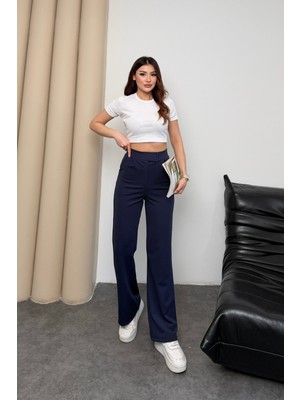 Mmetalic Kadın Yüksek Bel Cırt Kapama Beli Lastikli Fermuarlı Cepli Likralı Lacivert Palazzo Pantolon