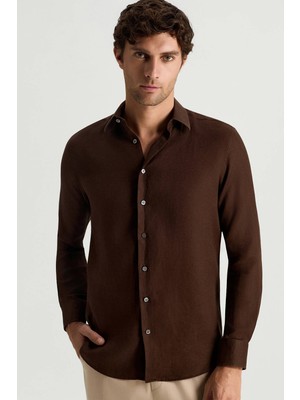 Hemington Koyu Kahve Saf Keten Spor Gömlek