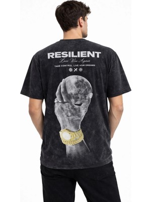 MidasTech Erkek Asit Yıkamalı Baskılı Tişört Bisiklet Yaka Kısa Kollu Streetwear T-Shirt - Siyah