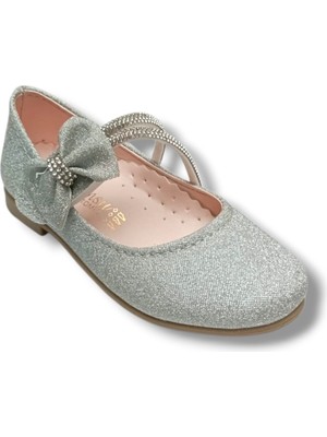 İremsu Iremsu 7050-26 Simli Deri Şerit Taşlı Fiyonklu Kız Çocuk Babet 26-30