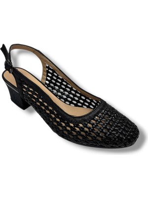 Nur Rose 86016-03-26 Cilt Deri Örgülü Arkası Açık Kalın Topuk Kadın Ayakkabı