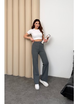 Mmetalic Kadın Yüksek Bel Cırt Kapama Beli Lastikli Fermuarlı Cepli Likralı Füme Palazzo Pantolon