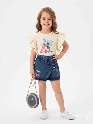 sealy kids 7280 Çilek Desenli Şortlu Bluzlu Çantalı Kız Çocuk Trend Takım