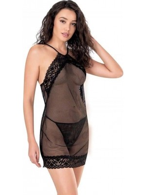 Marsilyan-  Siyah Kısa File-Tül Gecelik 8132