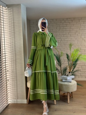 Moda Morfo Kolları ve eteği süzene işlemeli Parçalı Elbise     -Yeşil