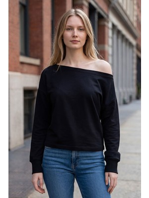 Evavi Kadın Baskısız Siyah Kayık Yaka Bluz