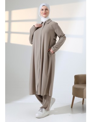 İhvan Online Kadın Hac ve Umre Kıyafeti, Tesettür Cepken Detaylı Ikili Takım - Vizon