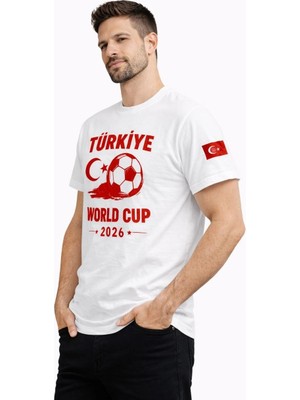 3 Erkek Türkiye World Cup 2026 Baskılı Tişört Futbol Temalı Forma T-Shirt - Beyaz