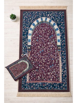 İhvan Online Taşınabilir Çantalı Ravza Desenli Kadife Seccade - Bordo