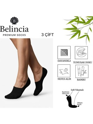 Belincia Bambu Erkek Babet Siyah Çorap/dikişsiz/görünmez/kaydırmaz/topuk Silikonlu 3'lü Paket