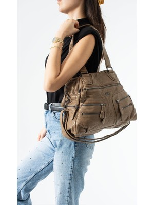 571 Collections Çanta Yıkama Deri Çok Gözlü, Omuz ve Kol Çantası Kahverengi MODEL:(571-14-18F)