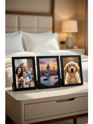 Safir Design 3'lü Modern Siyah Ahşap Fotoğraf Çerçeve Seti - Masa Üstü Dekoratif Resim Çerçevesi