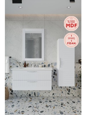 Balneom Erguvan Beyaz Gümüş Kulp Demonte Lavabolu Banyo Dolabı 100 Set