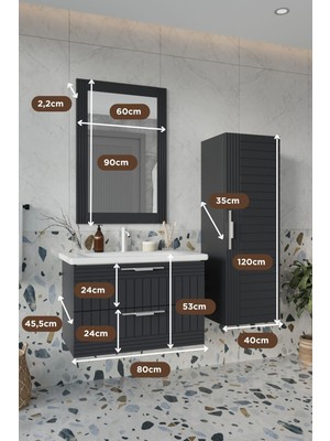 Balneom Erguvan Gümüş Kulp Antrasit 80 cm %100 Mdf Lavabolu Banyo Dolabı Ayna Lavabo Boy Dolabı