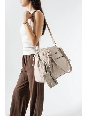 571 Collections Çanta Yıkama Deri Çok Gözlü, Omuz ve Kol Çantası Bej MODEL:(571-14-18E)