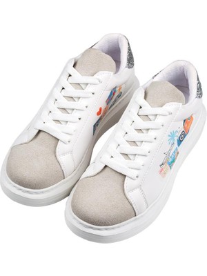 Dogo Kadın Vegan Deri Beyaz Sneakers - Travel Collage Tasarım