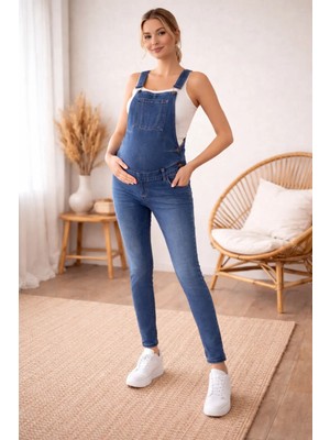 Meghan L.A Mavi Hamile Kot Salopet Tulum Pamuklu Esnek Rahat Kalıp