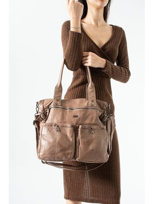 571 Collections Çanta Yıkama Deri Çok Gözlü, Omuz ve Kol Çantası Vizon MODEL:(571-14-12T)