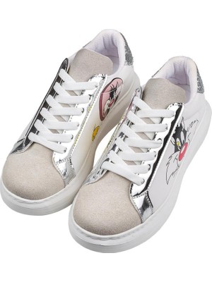 Dogo Kadın Vegan Deri Beyaz Sneakers - Warner Bros Tweety Sylvester Puddy Tat Tasarım