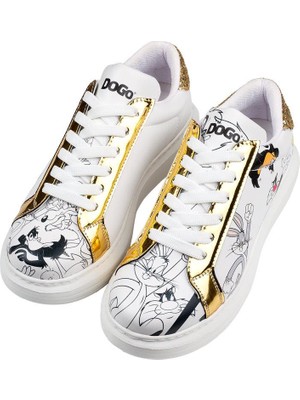 Dogo Kadın Vegan Deri Beyaz Sneakers - Warner Bros Bugs Bunny Looney Tunes Chasing Tunes Tasarım