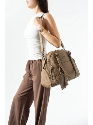 571 Collections Çanta Yıkama Deri Çok Gözlü, Omuz ve Kol Çantası Kahverengi MODEL:(571-14-18E)