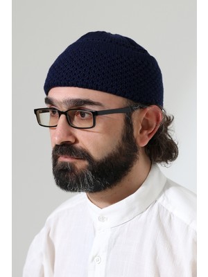 İhvan Online Fındık Desen Orlon Katlamalı Kışlık Namaz Takkesi, Sıcak Tutan Bere Takke Lacivert