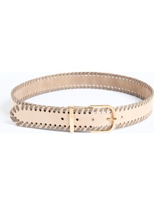 Jimmy Key Bej Deri Görünümlü Kenar Detaylı Kemer