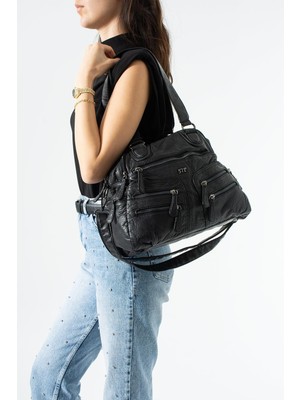 571 Collections Çanta Yıkama Deri Çok Gözlü, Omuz ve Kol Çantası Siyah MODEL:(571-14-18F)