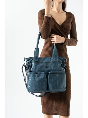 571 Collections Çanta Yıkama Deri Çok Gözlü, Omuz ve Kol Çantası Mavi MODEL:(571-14-12T)