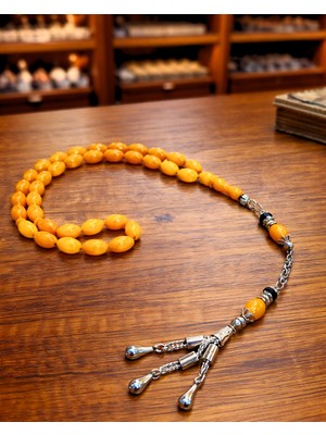 Sufi Tesbih Esans Ve Hediyelik Sıkma Kehribar Tesbih - 11X7 mm - Özel Tasarım Gümüş Kaplama Püsküllü - Şık ve Koleksiyonluk Tesbih