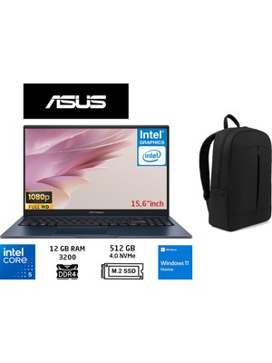 Asus vivobook 15 X1504VA Intel Core 5 120U 12GB 512GB SSD W11 Home 15.6" Duddi Çanta