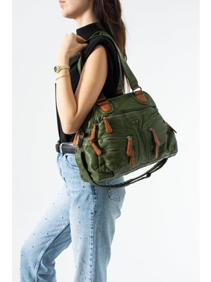 571 Collections Çanta Yıkama Deri Çok Gözlü, Omuz ve Kol Çantası Yeşil MODEL:(571-14-18F)