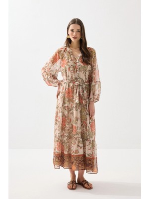 Gusto Çiçek Desenli Uzun Şifon Elbise - Turuncu