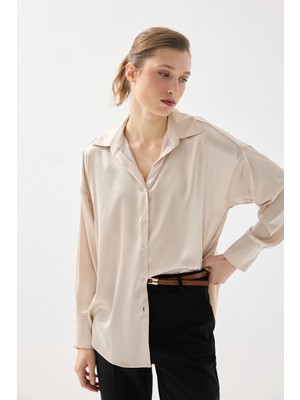 Gusto Ipeksi Saten Rahat Kesim Gömlek - Bej