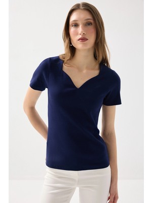 Gusto Kalp Yaka Pamuk Kaşkorse Bluz - Lacivert