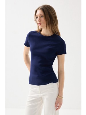 Gusto Bisiklet Yaka Pamuk Tshirt  - Lacivert