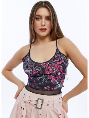 S-Ponder Kadın Güllü Kurukafa Desenli Ip Askılı Tül Detaylı Crop Büstiyer
